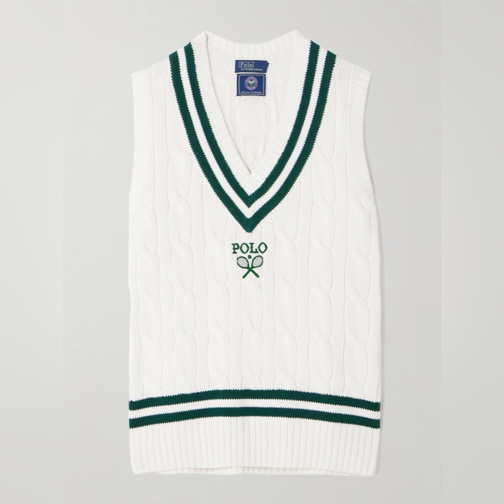 RALPH LAUREN POLO WIMBELDON APPLIQUÉD EMBROIDERED CABLE KNIT COTTON VEST